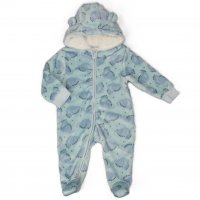 H23564:  Baby Dino Print Hooded Plush Fleece All In One/ Pram Suit (3-12 Months)